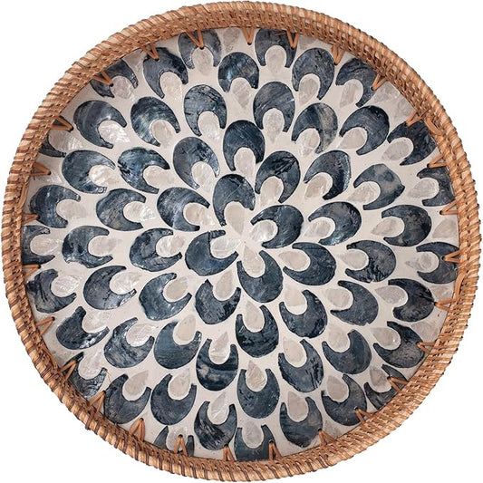 YANGQIHOME Round Serving Tray with Handle, Rattan Tray with Decorative Mother of Pearl Inlay, Round Wicker Trays for Home Decor, Coffee Table, Gifts, Dining,13.8 inch