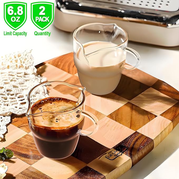 6 OZ Espresso Cups Set of 2, Stackable Double Spouts Espresso Shot Glass, Heat Resistant Espresso Measuring Cup with Handle, Coffee Bar Accessories