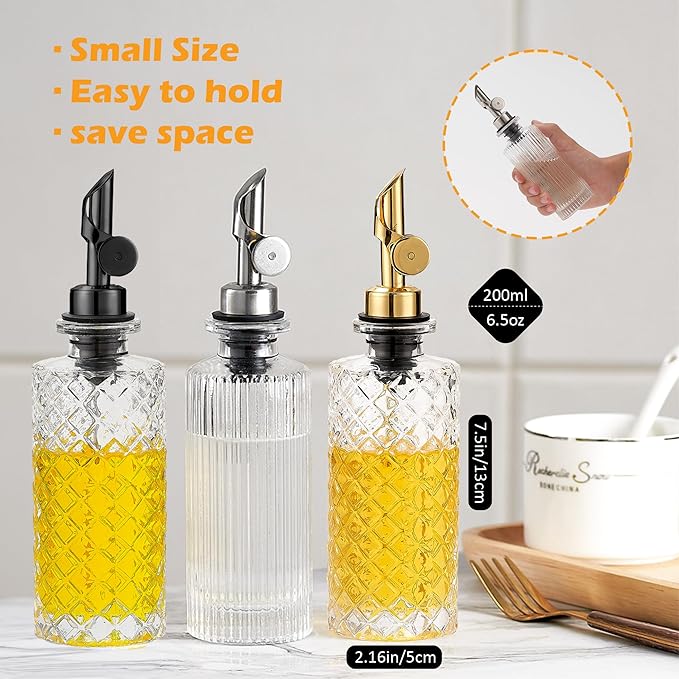Glass Olive Oil Dispenser Bottle Small, 6.5 Oz/ 200 ml Coffee Simple Syrup Bottles with Gold Metal Pour Spout, Funnel, Measuring Cup, Oil and Vinegar Bottle for Kitchen (2 Pack)