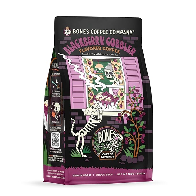 Bones Coffee Company Blackberry Cobbler Flavored Coffee Beans, Whole Bean Coffee Medium Roast Low Acid, Blackberry Cobbler Flavor (12 oz)