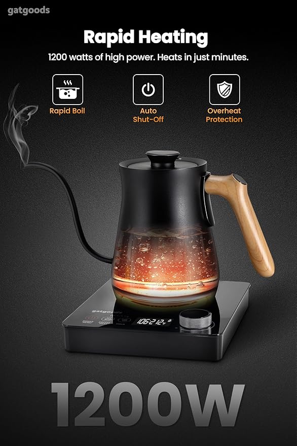 Electric Gooseneck Kettle – Precise Temperature Control, 1200W Fast Boil, Keep Warm Feature, Ideal for Pour-Over Coffee and Tea, 27oz Stainless Steel Interior