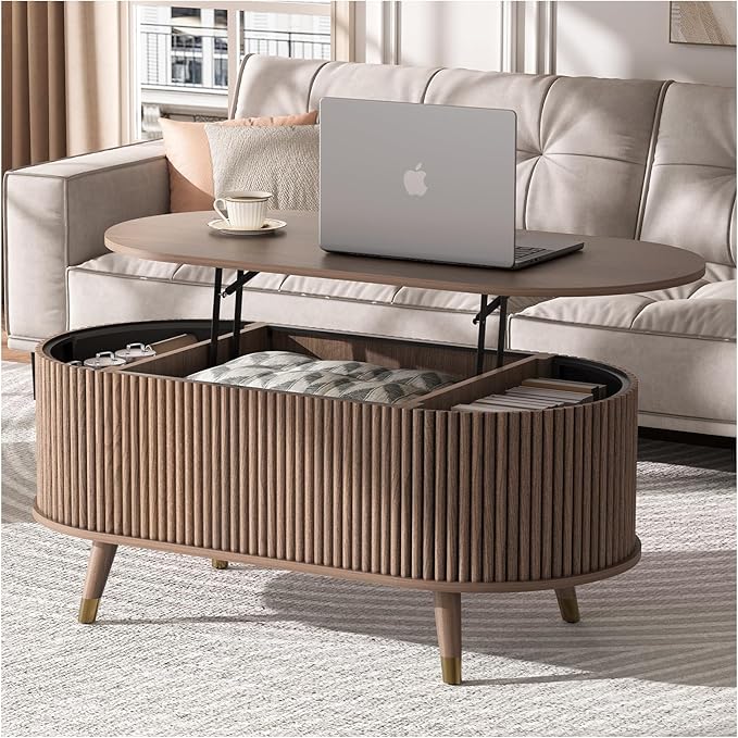 42.5" Oval Lift Top Coffee Table with Storage, Mid Century Modern Walnut Center Table with Fluted Design, Solid Wood Legs & Hidden Compartment, Pop Up Cocktail Table for Living Room