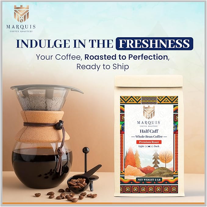 Marquis - Half Caff Coffee, Rich Blend of half Ethiopian Yirgacheffe and Half Decaf French Roast Beans, Fresh Dark Roast with a Fruity Flavor, Premium Half Caff Whole Bean Coffee, 2 lb