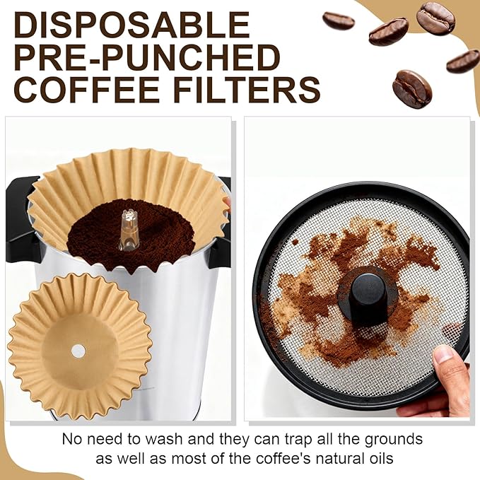 Feifeiya 100 Pcs Pre-punched Holes Coffee Filters for 30cup 45cup 100 Cup Coffee Urn Brewing Basket & Hot Beverage Dispenser Disposable Natural Wood Pulp Paper Filters with Tall-sided Design(Brown)