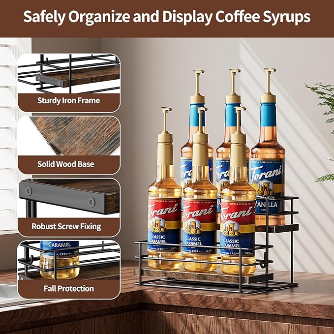 Nuovoware Coffee Syrup Organizer, 2-Tier 6 Bottles Bar Organizer, Separable Metal Rack with Wooden Base Whiskey Wine Dressing for Countertop Kitchen Coffee Bar, Black