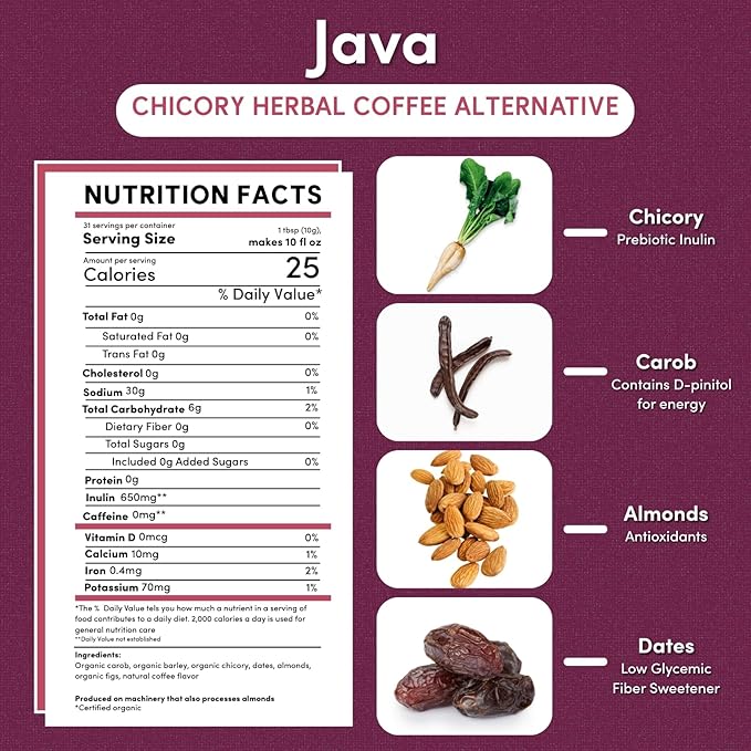 Teeccino Java Chicory Coffee Alternative - 11 Ounce - Ground Herbal Coffee That’s Prebiotic, Caffeine Free & Acid Free, Medium Roast