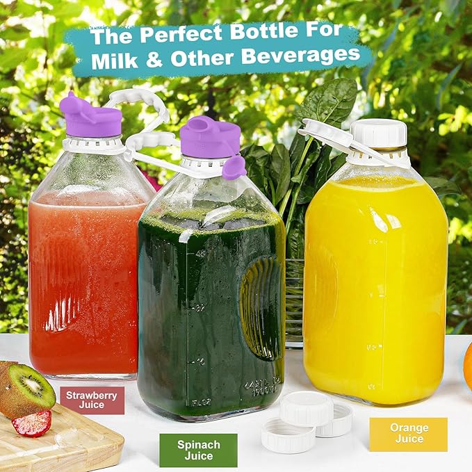 2 Pack 64 Oz Heavy Duty Glass Milk Bottle with 1 Silicone Spout and 3 Reusable Airtight SCREW LID, 2 Qt Glass Water Bottle with 2 Exact Scale Lines - Milk Jug Pitcher - 1/2 Gal Juice Bottles