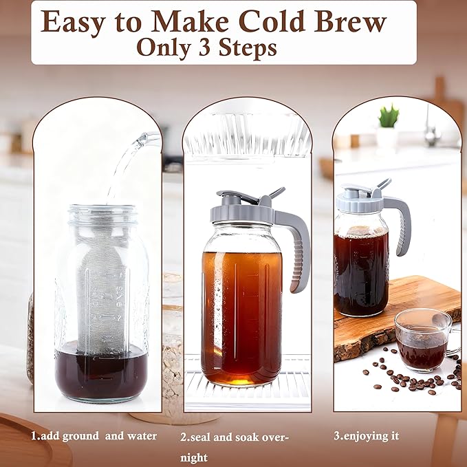 64 OZ Cold Brew Coffee Maker 2 Quart Mason Jar Glass Iced Tea Pitcher With Stainless Steel Filter Half Gallon Pitcher With Spout Lid For Iced Coffee,Tea & Lemonade,Sun Tea Airtight & Leak-Proof 2 PACK