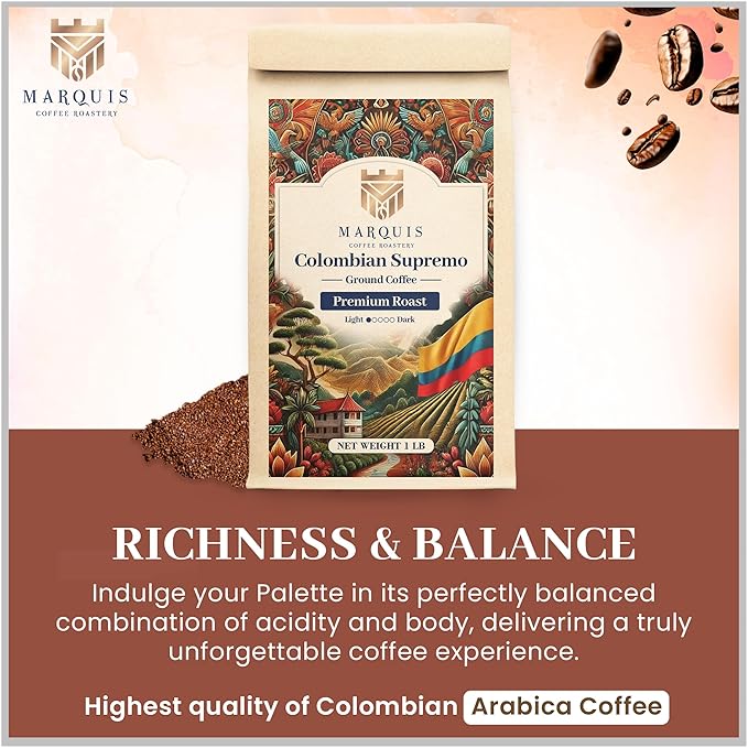 Marquis - Colombian Supremo Ground Coffee, Rich and Bold 100% Colombian Coffee, Fuller-Bodied & Very Well Balanced Colombian Coffee with a Heady Aroma, Premium Light Roast Ground Coffee, 1 lb