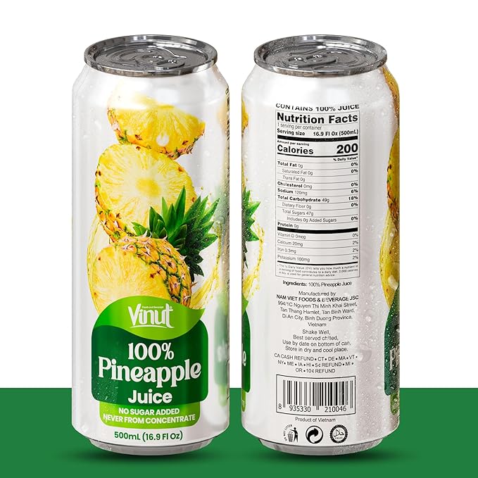 VINUT 100% Pineapple Juice, No Added Sugar, Not From Concentrate, 16.9 fl oz (500 mL) Can, Pack of 12