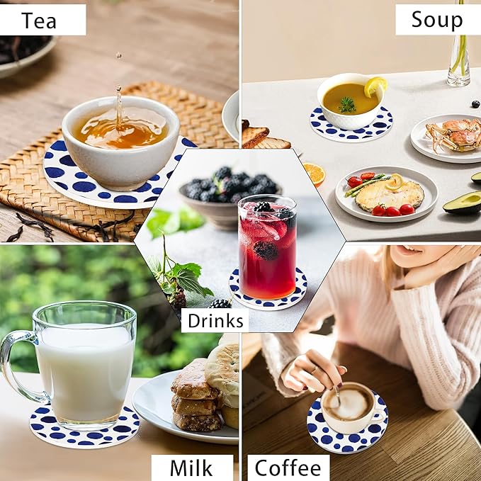 Drink Coasters for Drinks Set of 6,Blue Watercolor Series Absorbent Round Ceramic Stone Mat Coaster,with Cork Base and Metal Holder,Home Bar Decor House Warming Gift