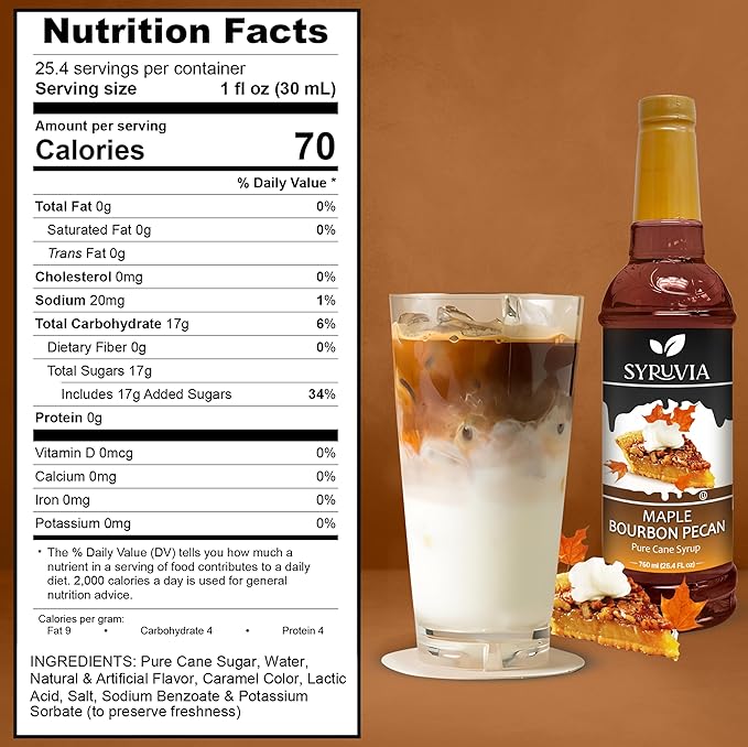 Syruvia Coffee Syrup, Maple Bourbon Pecan Flavored Syrup for Drinks, Lattes, and Desserts – 25.4 fl oz, With Pump