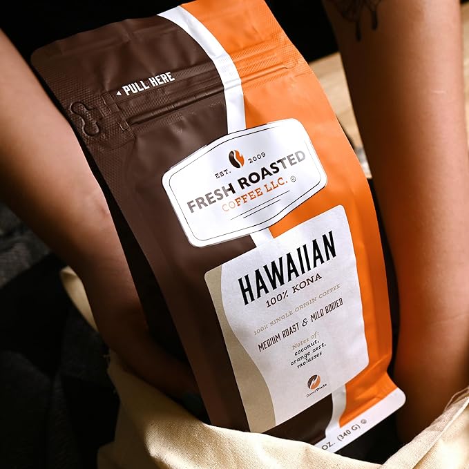 Fresh Roasted Coffee, 100% Hawaiian Kona, 12 oz, Medium Roast, Kosher, Whole Bean