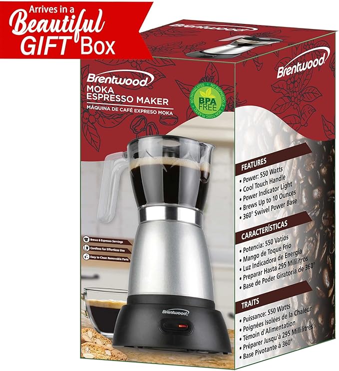 Brentwood TS-119S 550-Watt Cordless Electric Moka Pot Espresso Machine, 6-Servings (Silver)