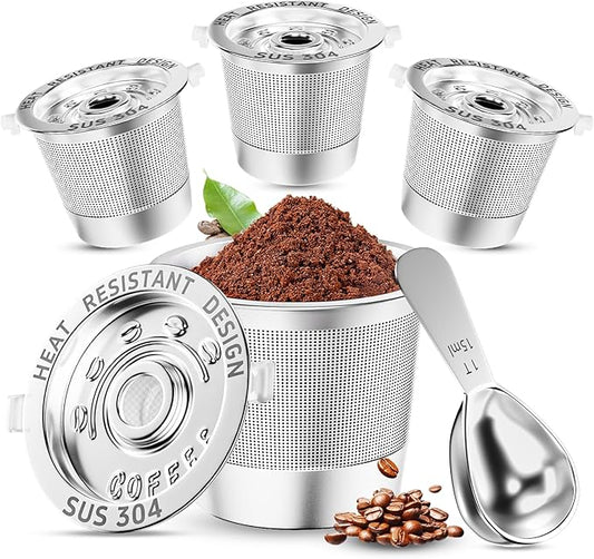 4 Pack Reusable K Cups Coffee Pods for Keurig 1.0: Stainless Steel Refillable K Cups - Reusable Coffee Filters for Coffee Machine, SUS 304‌, BPA-Free, Heat Resistant Handles, Scoop