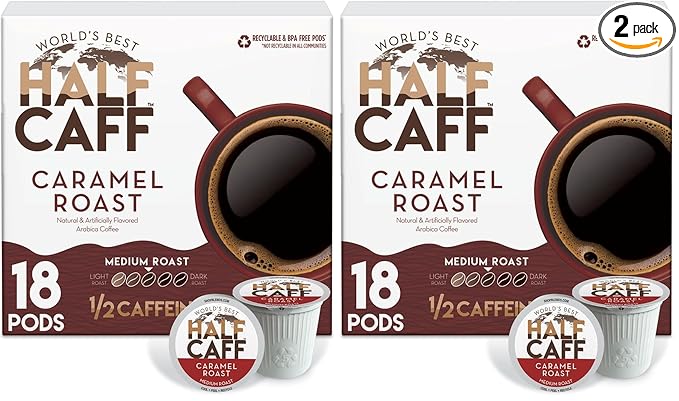 World's Best Half Caff Caramel Coffee Pods, 18 ct, Medium Roast Flavored Coffee in Recyclable Single Serve Pods – 100% Arabica Beans, Compatible with Keurig K Cups Maker (Pack of 2)