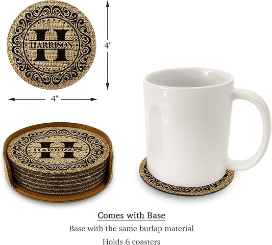 Smile Art Design Family Monogram Custom Coaster Set of 6 with Base Round Burlap Material Family Name Personalized Prints Personalized Gift House Warming Wedding Gift Coffee Table Rustic Decor Style5