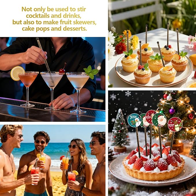 50 PCS Black Gold Glitter Plastic Swizzle Sticks, Crystal Cake Pops, Cocktail Coffee Drink Stirrers, Lolipop Stick for Christmas New Year Party, 7.10 Inch