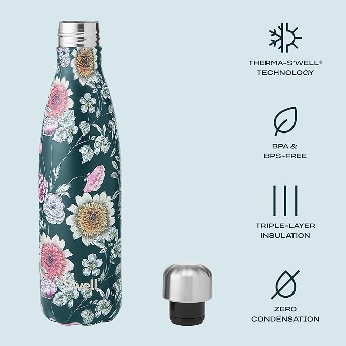 S'well Stainless Steel Water Bottle, 17oz, Midnight Botanical, Triple Layered Vacuum Insulated Containers Keeps Drinks Cold for 36 Hours and Hot for 18, BPA Free, Perfect for On the Go