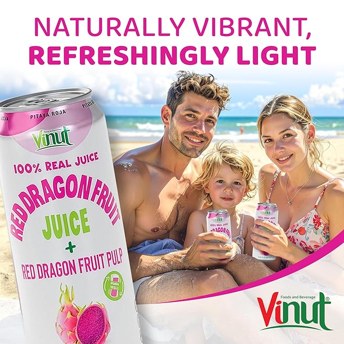 VINUT 100% Red Dragon Fruit Juice with Pulp (Pitaya), No Added Sugar, Not From Concentrate, 16.57 fl oz (490 mL) Can, Pack of 6