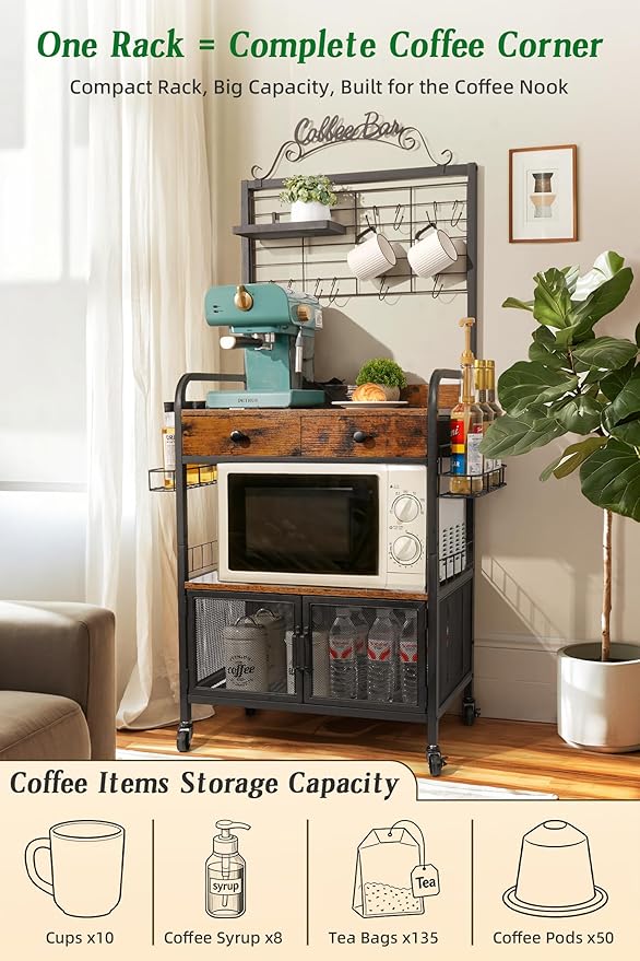 Rolling Coffee Bar Cart for Small Spaces, Coffee Station Cabinet with Storage, Apartment Coffee Nook, Side Syrup Rack, Tea Pod Drawer, Magnetic Doors, Lockable Wheels, Rustic Brown