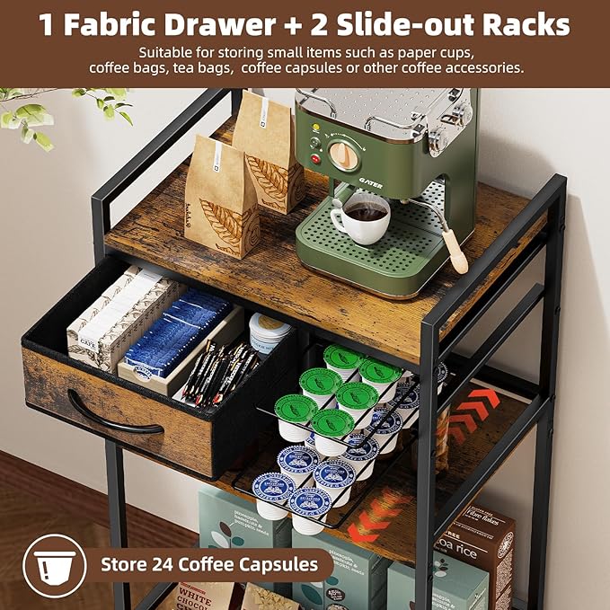 Housolution 4-Tier Coffee Bar Cart with Storage, 33" H Coffee Station Cabinet with Pod Drawers for Nespresso Vertuo, Mini Toaster Oven Stand Table for Home, Kitchen, Living Room (Rustic Brown)