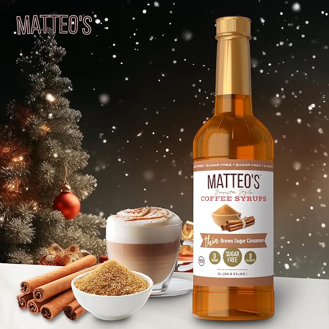 Matteo's Brown Sugar Cinnamon Syrup for Coffee, Lattes, Cappuccinos & Desserts – Sugar-Free Sweetener for Beverages, Keto Friendly, Zero Calories, Indulgent Flavor, Non-Alcoholic, 33.8oz (6pk)