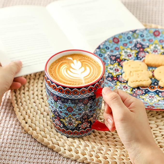 HASENSE Coffee Mugs, 15 OZ Coffee Cups Ceramic Set of 4 with Handle and Bohemian Style for Man Woman, Vintage Stoneware Porcelain Coffee Cups Set for Tea, Cocoa, Milk, Latte and Cappuccino - Multi