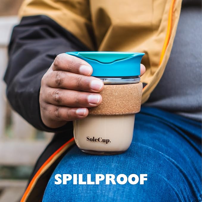Reusable Strengthened Glass Travel Cup - Spill Proof Insulated Coffee Mug - 12oz/340ml BPA-Free Hot Drink Travel Mug with Lid & Cork Band (Blue, 12oz)