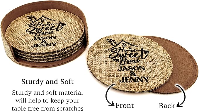 Smile Art Design Family Couple Names Custom Coaster Set of 6 with Base Round Burlap Material Family Name Home Sweet Home Print Personalized Gifts House Warming Wedding Gift Rustic Home Decor Style11