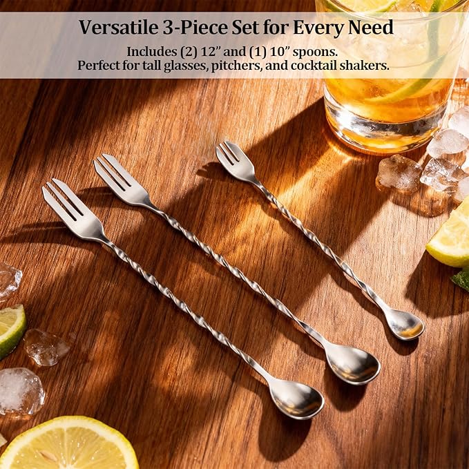 3-Piece Bar Spoons Cocktail Stirrers, Stainless Steel Cocktail Mixing Stirrers for Bar, Home, Mixing Cocktails, Coffee, and Smoothies(12 Inches & 10 Inches)