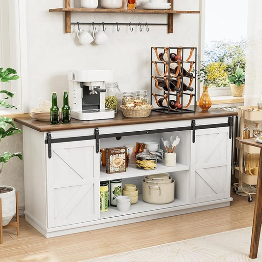 Shahoo Farmhouse Sideboard Buffet Cabinet, Coffee Bar Storage with Sliding Barn Doors, Shelf for Home Dining Room, White
