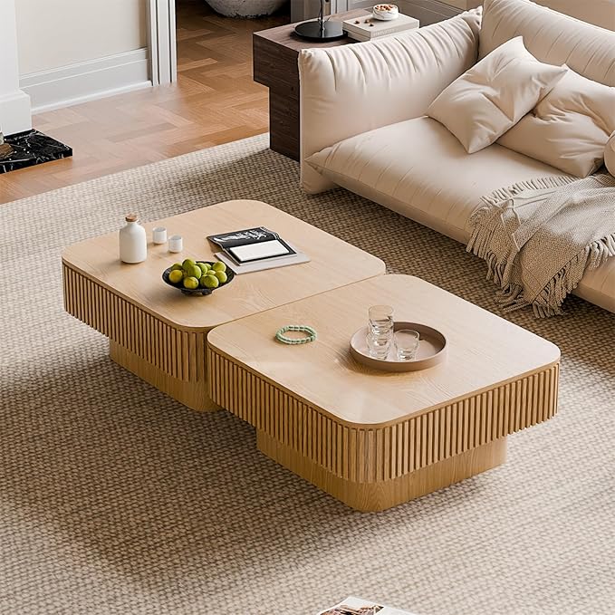SZTHHDF Square Coffee Table for Living Room,Fluted Drum Accent Tea Center Table with Storage,Solid Wood Modern Coffee Tables for Small Space Office Apartment (31.5" L×31.5''W×14''H-Natural)