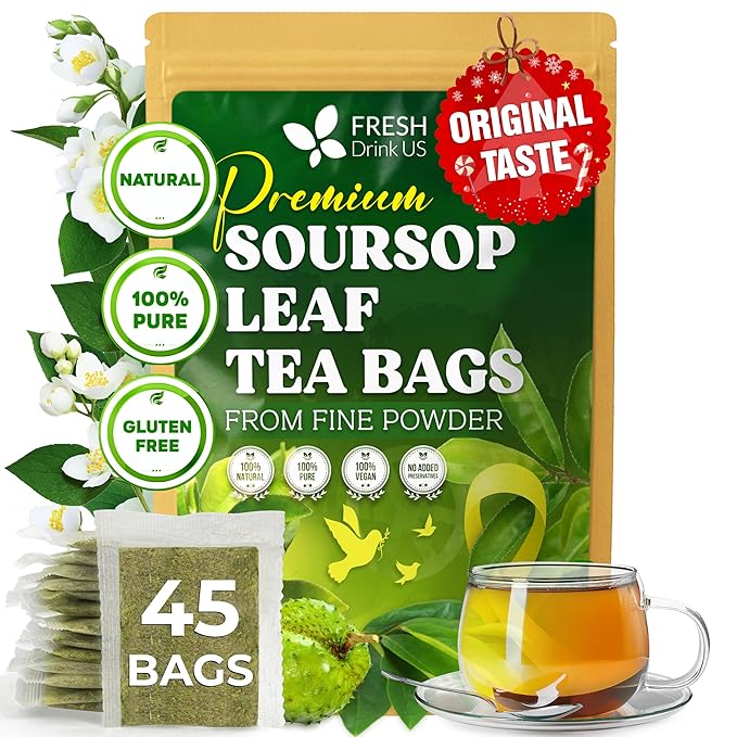 FreshDrinkUS, Premium Soursop Graviola Leaf Tea | 45 Tea Bags form Powder, 100% Natural and Pure, Handmade, Made With Natural Materials-Corn Fiber Tea Bag, Sugar/Caffeine Free, Hoja Guanabana Tea