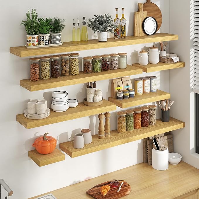55 Inch Floating Shelves for Wall, 8 Inch Deep Floating Shelf for Storage & Display, Rustic Wall Mounted Shelf with Invisible Brackets for Living Room, Kitchen, Bathroom, Home Decor, Set of 2, Oak