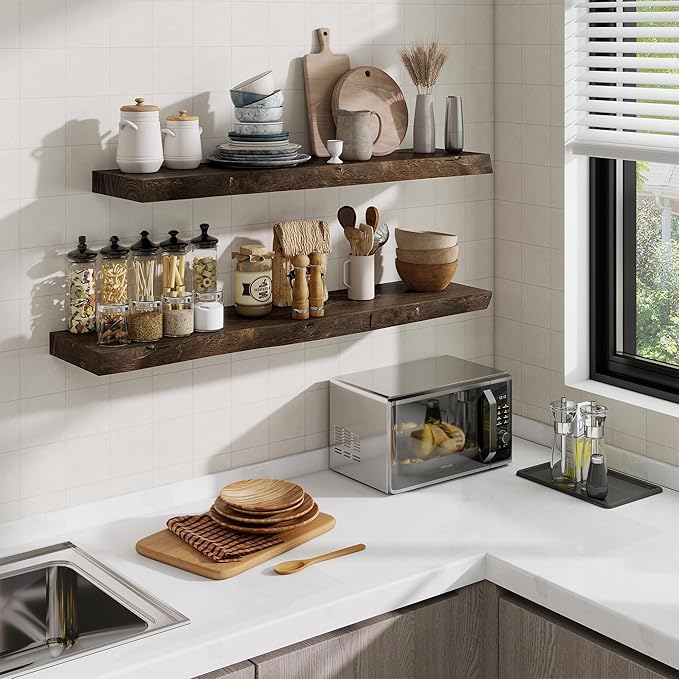 Floating Shelves, 8" Deep Rustic Solid Wood Wall Mounted Floating Shelves, Wall Shelves with Invisible Bracket for Living Room Bathroom Bedroom Kitchen, 48 Inch, Walnut