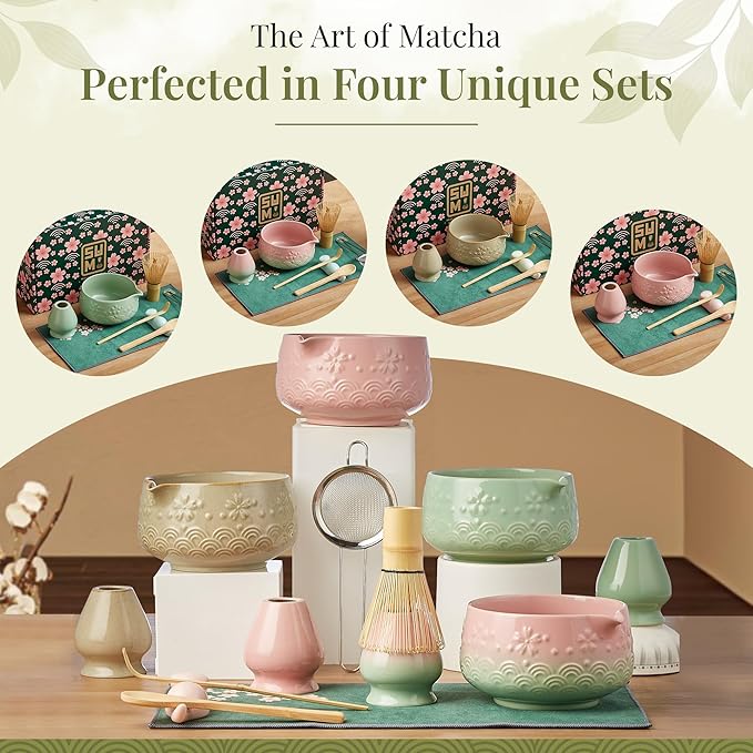 Matcha Whisk Set 9pcs – Matcha Tea Set with Ceramic Matcha Bowl, Bamboo Whisk (Chasen), Scoop, Sifter | Matcha Kit for Japanese Tea Ceremony & Beginners(Green)