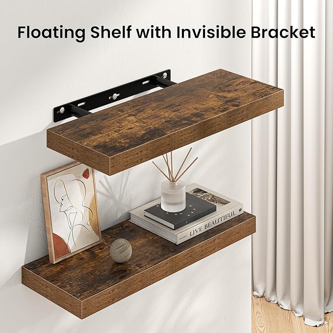 Square Floating Shelves for Wall, 10"W x 10"D x 1.4"H, Small Wooden Wall Mounted Display Shelf with Invisible Brackets for Living Room, Bedroom, Bathroom, Kitchen Decor, Set of 4, Rustic Brown