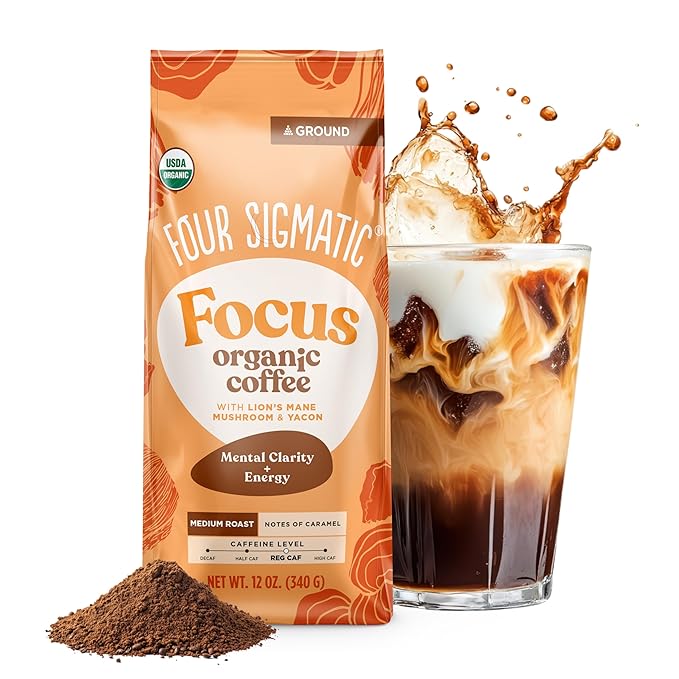 Four Sigmatic Focus Ground Coffee | Organic Ground Coffee with Lion's Mane Mushroom and Yacon for Mental Clarity & Energy Support | 12oz Bag