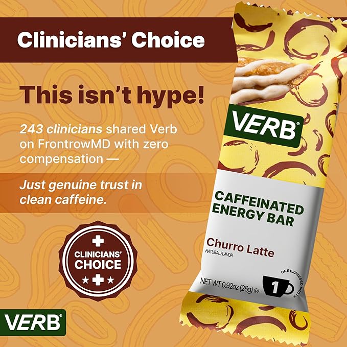 Verb Caffeinated Energy Bars Churro Latte (26g, Pack of 16) 110-Calorie Delicious Low Sugar Energy Bar - Vegan Gluten Free On-the Go Snack with 80mg Green Tea Caffeine, Only Real-Food Ingredients