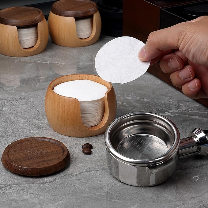 IKAPE Espresso Coffee Accessories, 200pcs 53.3MM Paper Filters, Replacement Espresso Puck Paper Filters with a Wooden Storage Holder, Compatible with Breville 54mm Portafilter Basket