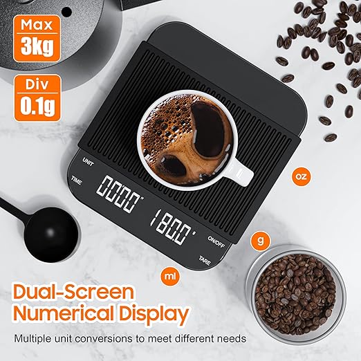 0.1g/3KG Coffee Scale with Timer, Espresso Scale, Rechargeable, Glass Mirror Design, for Pour-Over Barista,for Pour-Over, Espresso, French Press, Kitchen Use