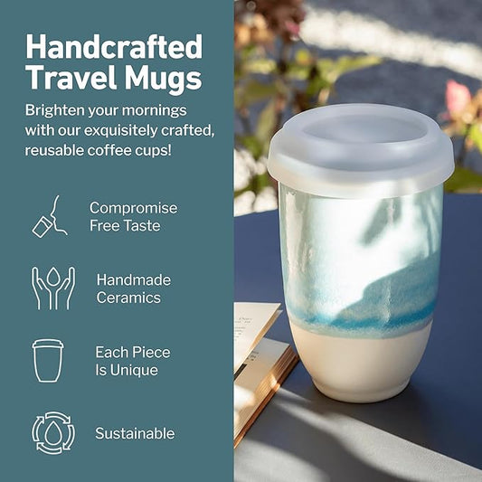 NOVA CERAMICS Travel Mug - Portable Coffee To Go Mug Microwave & Dishwasher Safe Coffee Cups Reusable - Gifts For Women Men Him Her 12oz - Lagoon