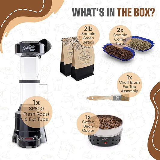 Fresh Roast SR800 Coffee Roaster Bundle – Home Coffee Roasting Machine with Glass Extension Tube, Bean Cooler & Green Coffee Samples