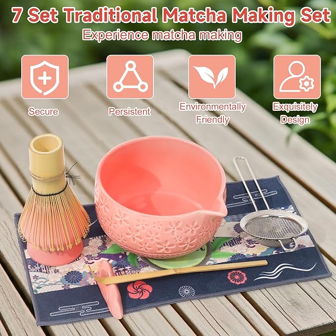 Matcha Whisk Set, 7Pcs Pink Matcha Kit for Ceremony, Handcrafted Gifts for Women, Traditional Ceramic Matcha Bowl with Spout, Bamboo Whisk and Holder, Tea Set for Matcha Lovers, Gift for Christmas