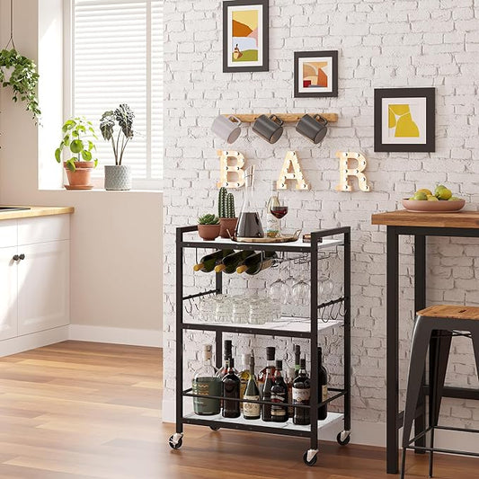 TUTOTAK Bar Cart - Serving Cart for Home - Microwave Cart, Drink Cart, Mobile Kitchen Shelf with Wine Rack and Glass Holder, Rolling Beverage Cart BC01BM030