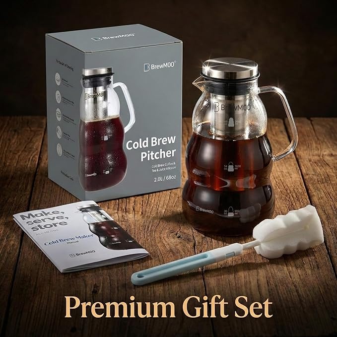 BrewMOO- Cold Brew Coffee Maker (2.0L/68Oz), Sleek Wave Borosilicate Glass Pitcher with Stainless Steel Filter, Airtight Lid + Wide Spout + Comfort Handle, Effortless Manual, Sophisticated Gift