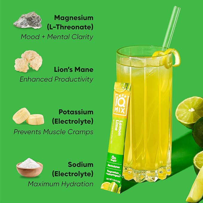 IQMIX Hydration Electrolyte Powder – 4-in-1 Formula for Hydration, Mental Clarity, Mood and Recovery – Sugar-Free Drink Mix, Keto, Magnesium L-Threonate, Lion’s Mane – 20 Count Lemon Lime