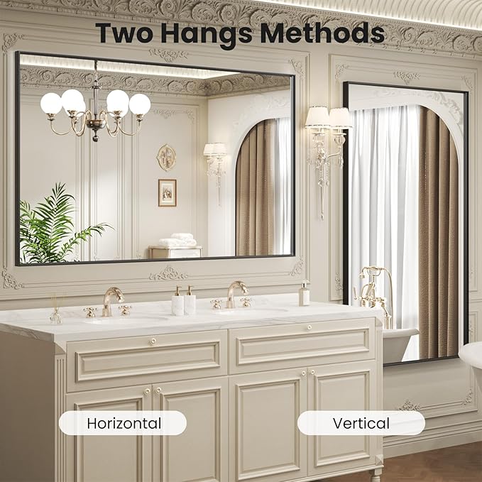 LOAAO Black Bathroom Mirror 60"X36" for Wall, Rectangle Bathroom Vanity Mirror, Tempered Glass, Hangs Vertically or Horizontally, Easy to Install, Modern Design