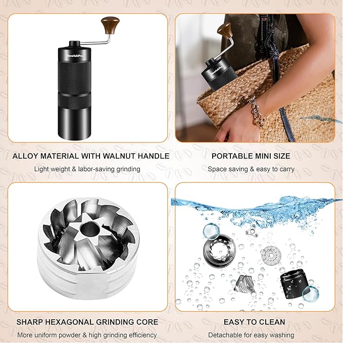 NewlukPro M6 Manual Coffee Grinder,Capacity 25g,Hand Coffee Grinder with Aluminum Body,Sharp Hexagonal Grinding Burr Core,Portable Manual Coffee Bean Grinder for Pour Over French Press Espresso